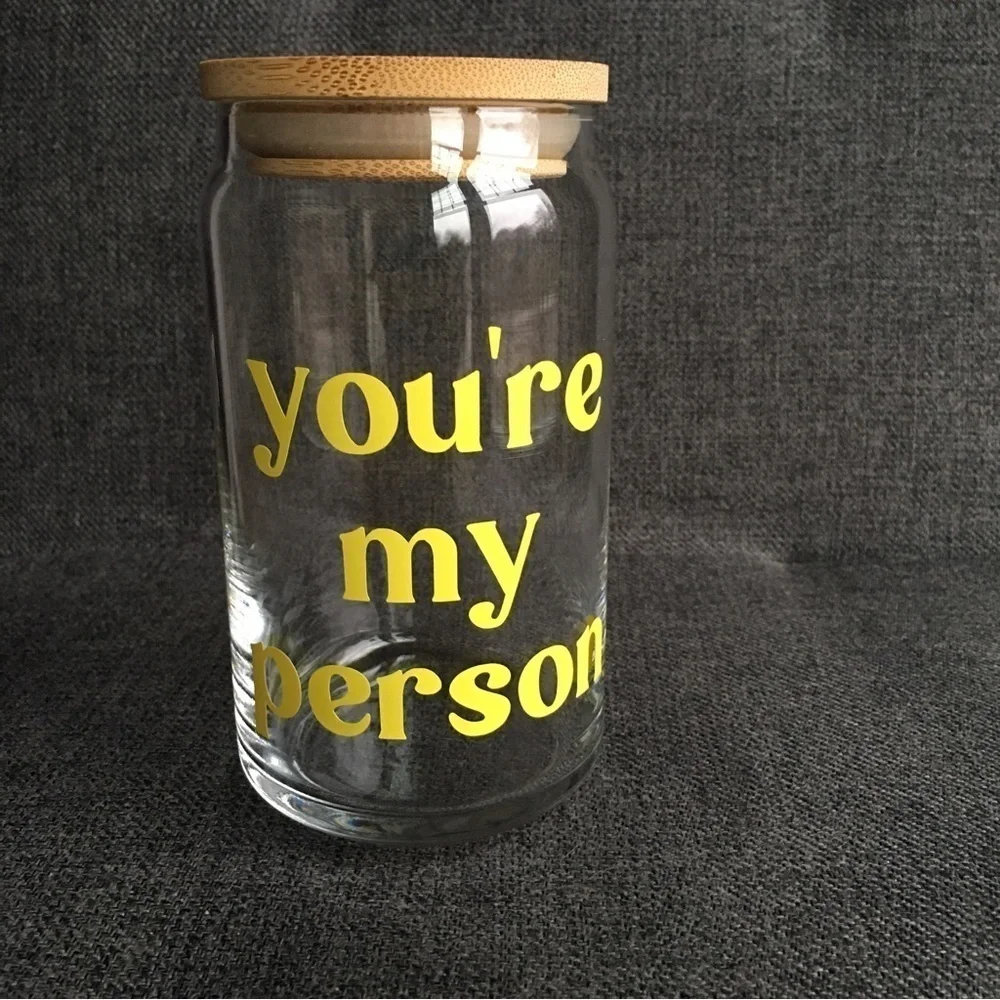 LAST CHANCE! “you’re my person” Glass Cup with Wooden Seal Top, Clear, Yellow